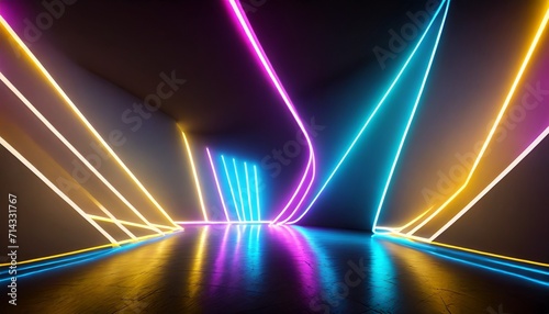 3d render abstract neon background fluorescent ines glowing in the dark room with floor reflection virtual dynamic ribbon fantastic panoramic wallpaper energy concept photo