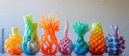Colorful 3D printed objects on a flat surface. Fused deposition modeling (FDM), a modern progressive additive 3D printing technology. photo
