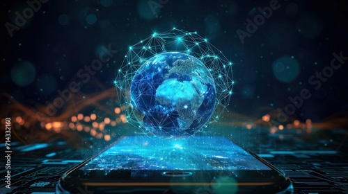 Mobile global internet communications. World wide web on phone via wireless satellite network technology. Smartphone digital connection at clouds services of all earth. Holographic abstract interface