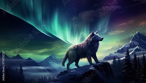 View of night sky with aurora borealis and mountain peak background. Wolf silhouette, night glows in vibrant aurora reflection on the lake with forest. © Virgo Studio Maple