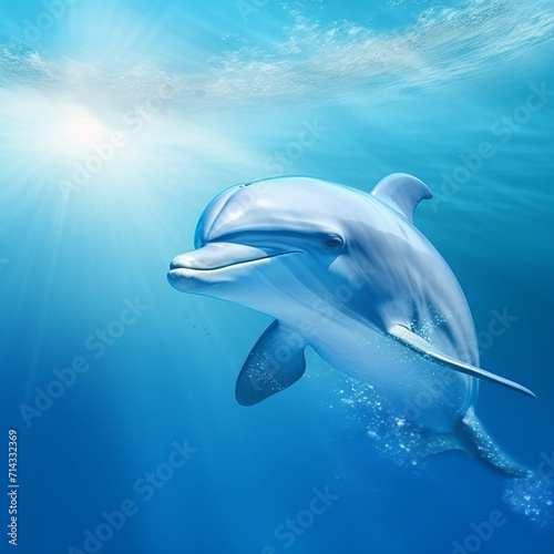 A dolphin swimming gracefully under the ocean surface illuminated by sunlight.