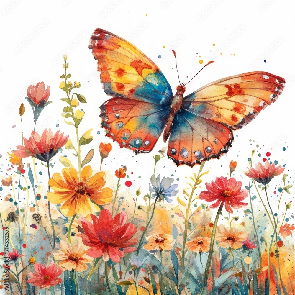 Colorful Easter Butterfly Fluttering over Field of Flowers AI Generated