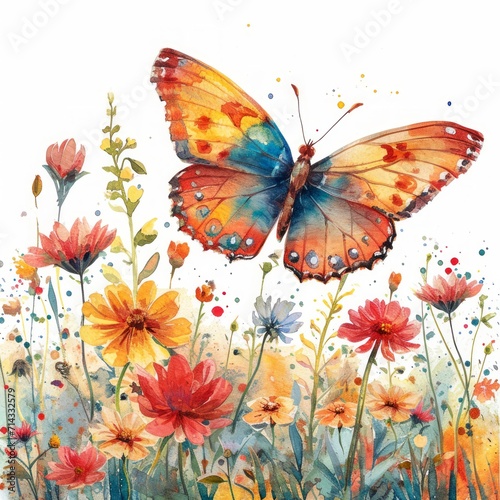 Colorful Easter Butterfly Fluttering over Field of Flowers AI Generated