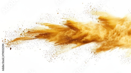 Small Fine size Sand flying explosion, Golden grain wave explode. Abstract cloud fly. Yellow colored sand splash throwing in Air. White background Isolated high speed shutter, throwing freeze stop photo