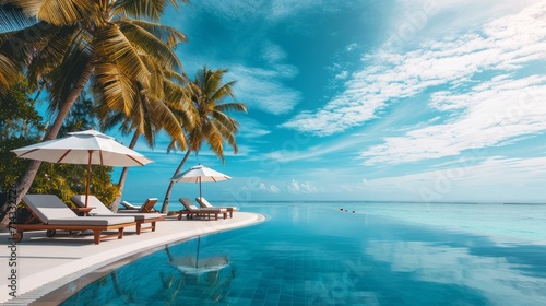 Stunning landscape, swimming pool blue sky with clouds. Tropical resort hotel in Maldives. Fantastic relax and peaceful vibes, chairs, loungers under umbrella and palm leaves. Luxury travel vacation