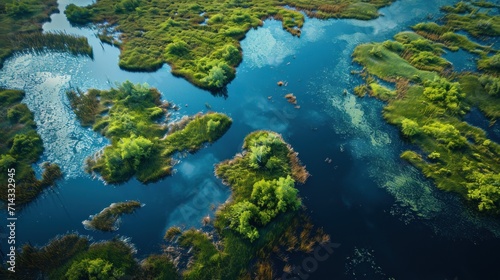  an aerial view of a body of water surrounded by lush green trees and grass in the middle of the picture is an aerial view of a body of water surrounded by land.
