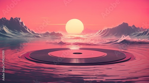 Surreal landscape illustration with a giant vinyl record player in the ocean. Fantasy landscape with vinyl record player in the ocean and waters in sound waves. photo