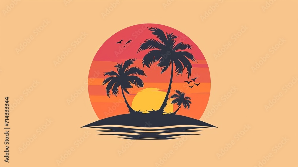 Tropical Island Palms Logo Beach Travel Retro Postcard Vintage Design Vector Icon Paradise Deserted Exotic Pacific Sea Sand Ocean Summer Vacation Palm Silhouette Sunset