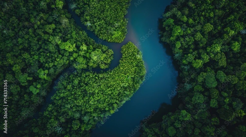 an aerial view of a river in the middle of a forest with lots of green trees on both sides of the river and a blue body of water in the middle of water. an aerial view of a river in the middle of a forest with lots of green trees on both sides of the river and a blue body of water in the middle of water.