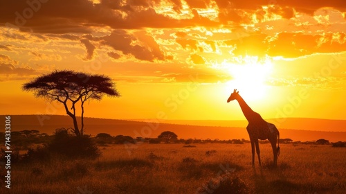  a giraffe standing in the middle of a field with the sun setting in the background and a tree in the foreground with clouds in the foreground.
