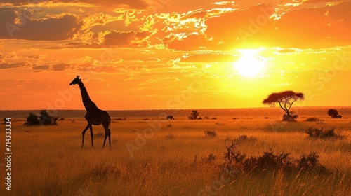  a giraffe standing in the middle of a field with the sun setting in the background and a tree in the middle of the field in the foreground.