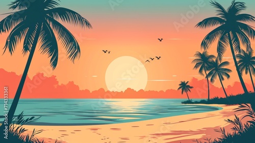 Tropical palm beach with sand sea banner vector illustration with copy space, voucher advertising Summer vacation. tropical island palms sun. Hawaiian landscape paradise. Colored party invitation