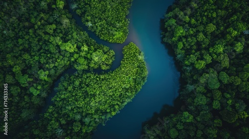  an aerial view of a river in the middle of a forest with lots of green trees on both sides of the river and a blue body of water in the middle of water.