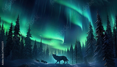 View of night sky with aurora borealis and mountain peak background. Wolf silhouette  night glows in vibrant aurora reflection on the lake with forest.