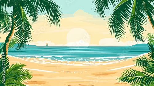 Tropical palm beach with sand sea banner vector illustration with copy space, voucher advertising Summer vacation. tropical island palms sun. Hawaiian landscape paradise. Colored party invitation