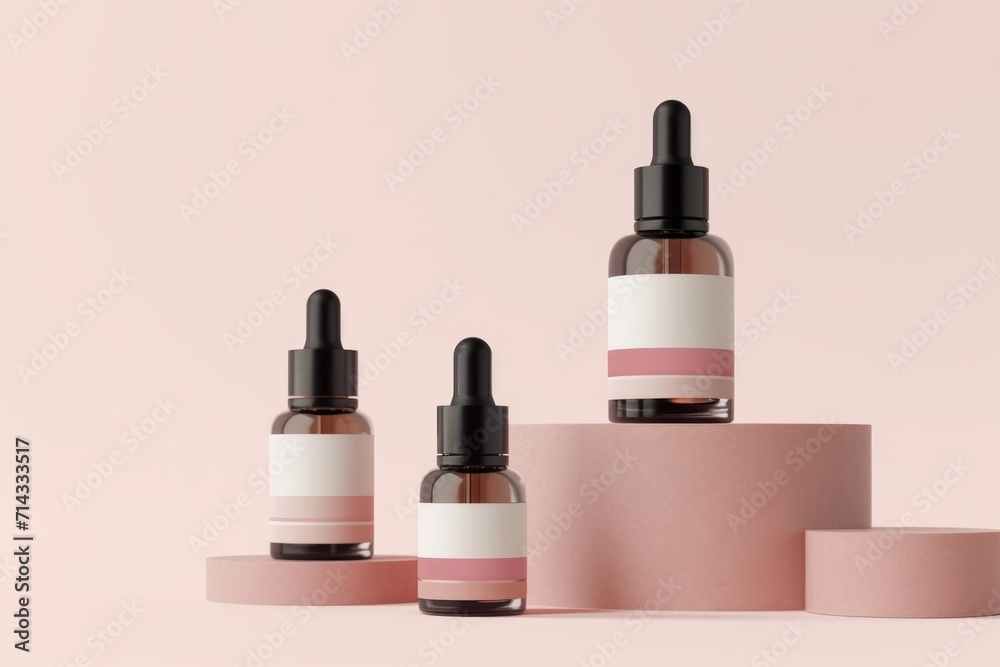 Three elegantly presented skincare dropper bottles on cylindrical pedestals with a pastel pink backdrop, highlighting a clean beauty concept.. Three elegantly presented skincare dropper bottles on cylindrical pedestals with a pastel pink backdrop, highlighting a clean beauty concept..