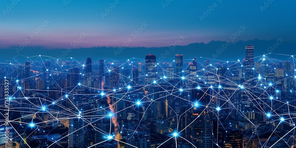 Fototapeta premium Modern city landscape showing dots and line representing high-speed internet, cloud data storage, computing, global market, global network - AI Generated