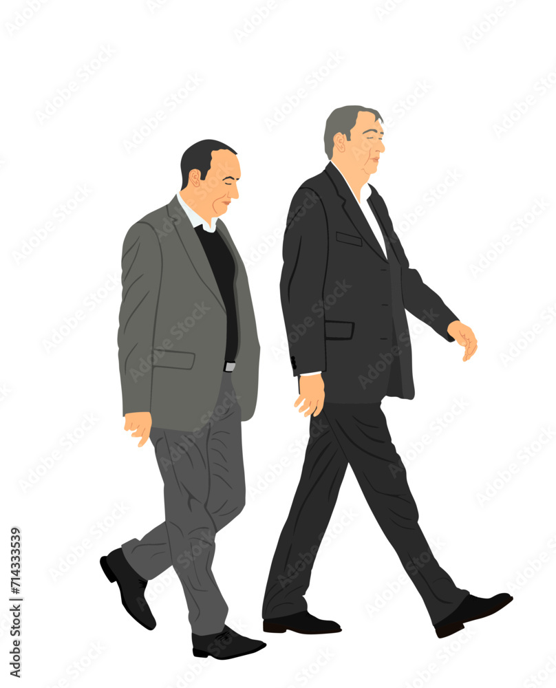 Elegant businessman partners in suite go to work vector illustration isolated. Handsome senior man walking with friend. Male walking yuppie lawyer. Secret agent confident leader. Economy leader CEO. Elegant businessman partners in suite go to work vector illustration isolated. Handsome senior man walking with friend. Male walking yuppie lawyer. Secret agent confident leader. Economy leader CEO.
