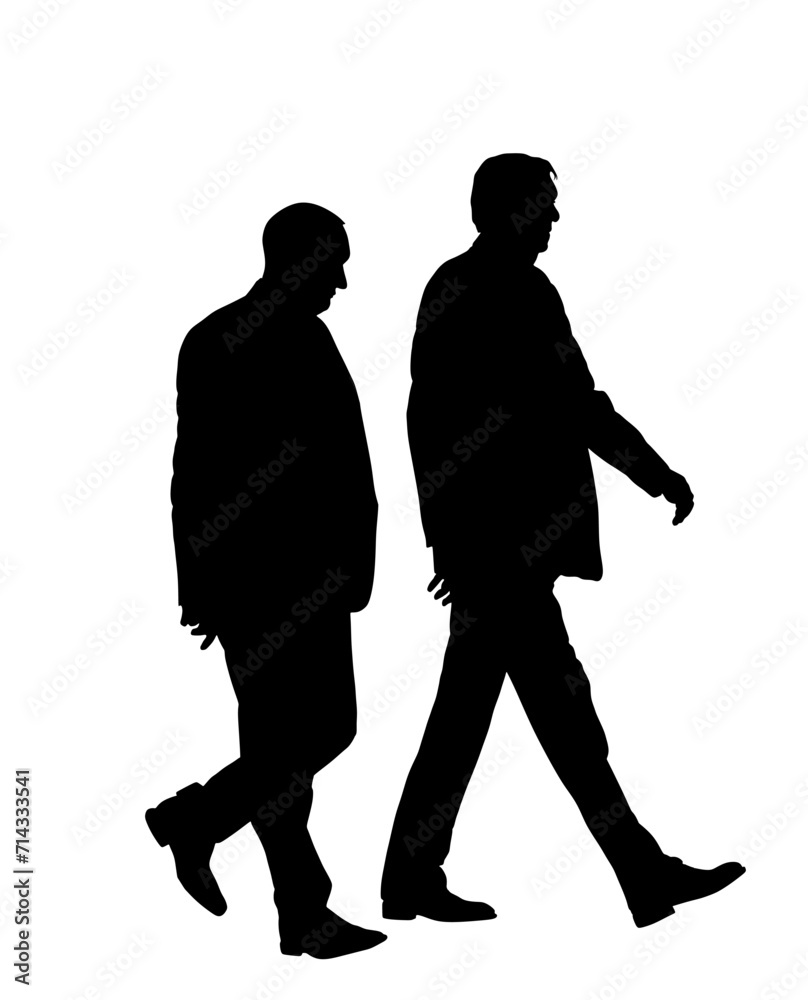 Elegant businessman partners in suite go to work vector silhouette illustration isolated. Handsome senior man walking with friend. Male walk yuppie lawyer. Secret agent confident leader. Economy CEO.