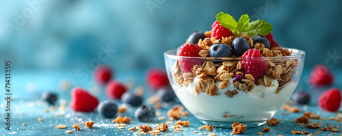 Bowl of yogurt and fruit muesli, food on a blue background full of dynamism and energy photo