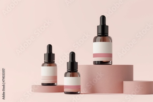 Three elegantly presented skincare dropper bottles on cylindrical pedestals with a pastel pink backdrop, highlighting a clean beauty concept..