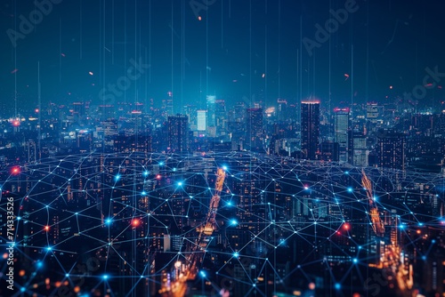 Modern city landscape showing dots and line representing high-speed internet, cloud data storage, computing, global market, global network - AI Generated photo