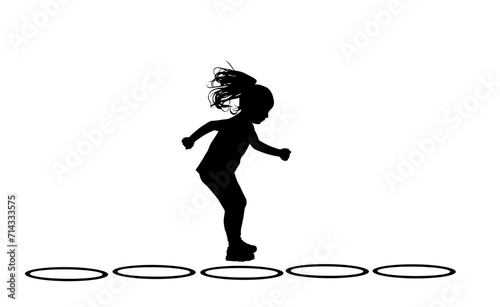 Little girl jumping play game outdoor vector silhouette illustration isolated on white background. Playground with circle step by step. Ponytail happy daughter smiling enjoy. Healthy kid move to point