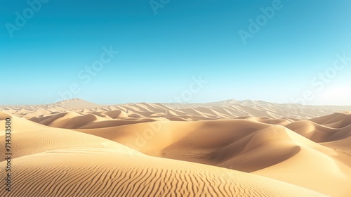  a view of a desert with sand dunes and mountains in the distance with a bright blue sky in the foreground and a bright sun in the middle of the foreground.