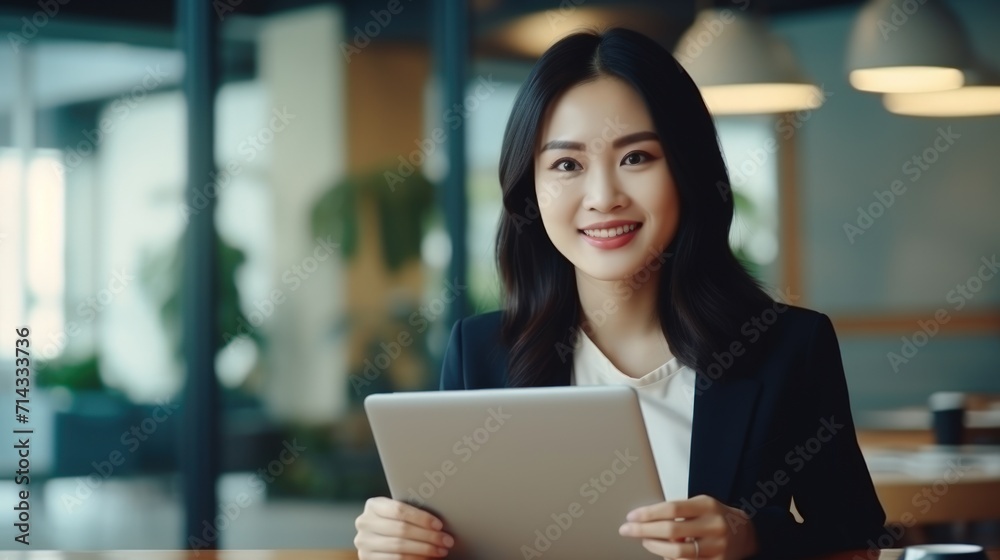Smiling Asian Woman Using Tablet in Office for Business Website or Social Media AI Generated Smiling Asian Woman Using Tablet in Office for Business Website or Social Media AI Generated