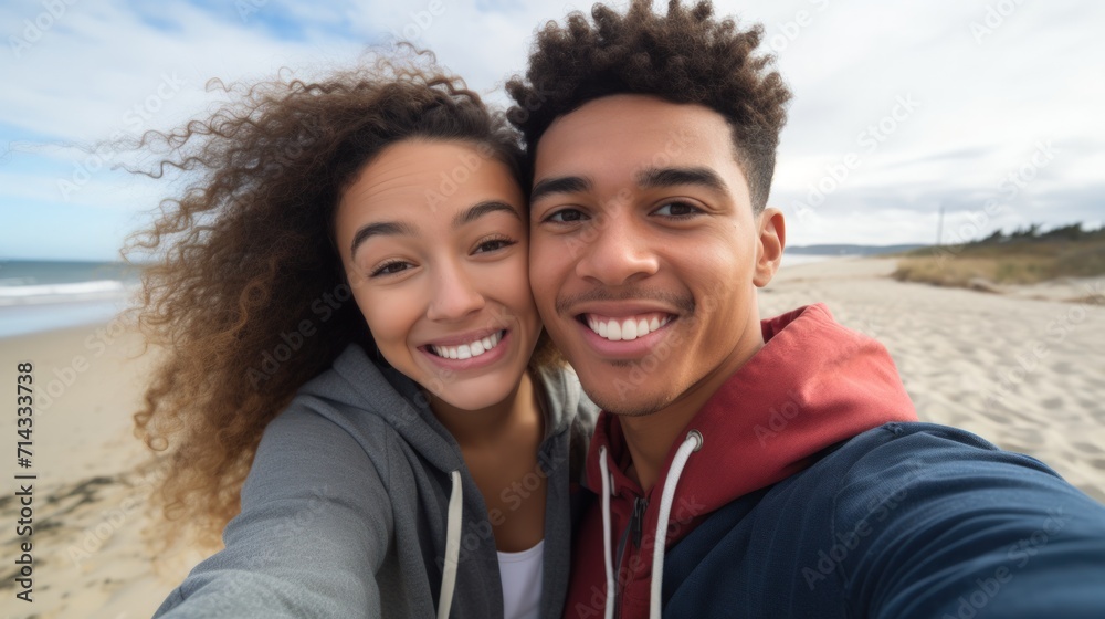 Diverse Biracial Couple Having Fun Taking a Beach Selfie AI Generated Diverse Biracial Couple Having Fun Taking a Beach Selfie AI Generated