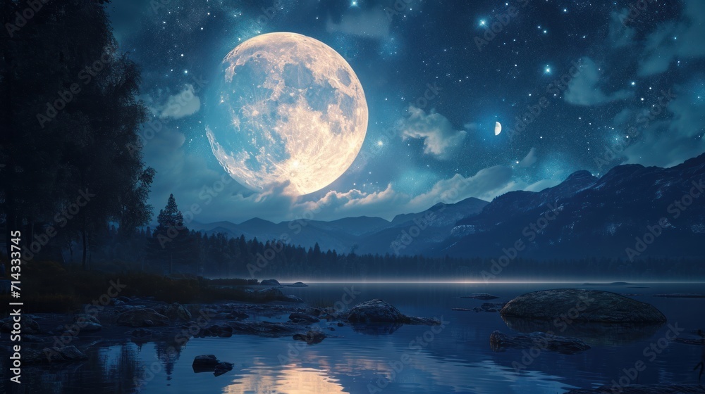  a painting of a full moon over a body of water with a mountain range in the background and a lake in the foreground with rocks in the foreground.