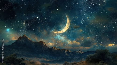  a painting of a night sky with a crescent and stars above a mountain range with a full moon in the middle of the night sky and stars in the sky.