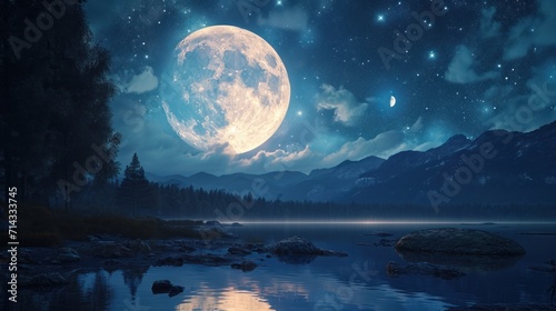  a painting of a full moon over a body of water with a mountain range in the background and a lake in the foreground with rocks in the foreground.
