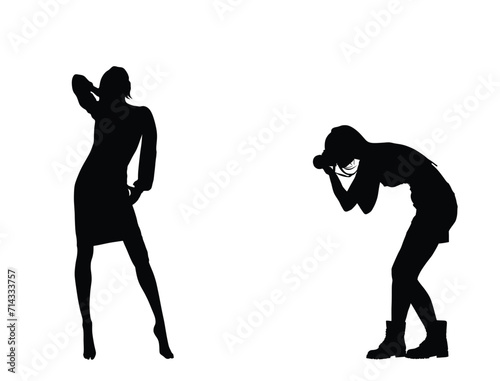 Handsome woman posing paparazzo girl photographer vector silhouette illustration isolated on white background. Fashion pose attractive girl shape. Sexy lady. Female figure shadow. glamour top model.