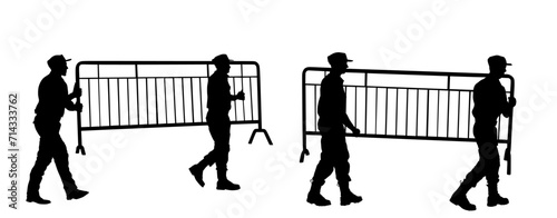 Construction workers hands carrying fence barricade building vector silhouette isolated. Soldiers team work on border. Delivery service moving transport workers carry. Handyman warehouse holding job
