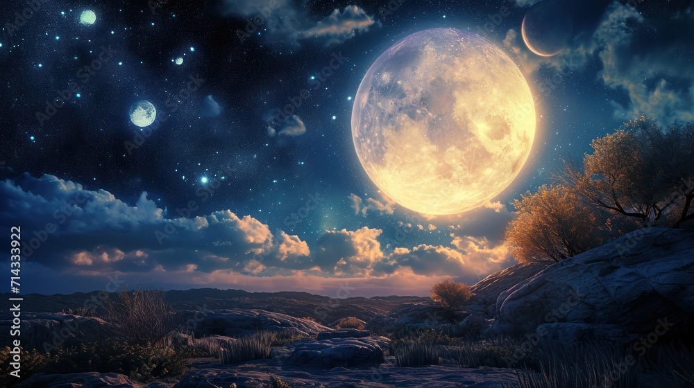 a painting of a full moon in the night sky over a rocky landscape with trees and bushes in the foreground, and a few stars and clouds in the sky. a painting of a full moon in the night sky over a rocky landscape with trees and bushes in the foreground, and a few stars and clouds in the sky.