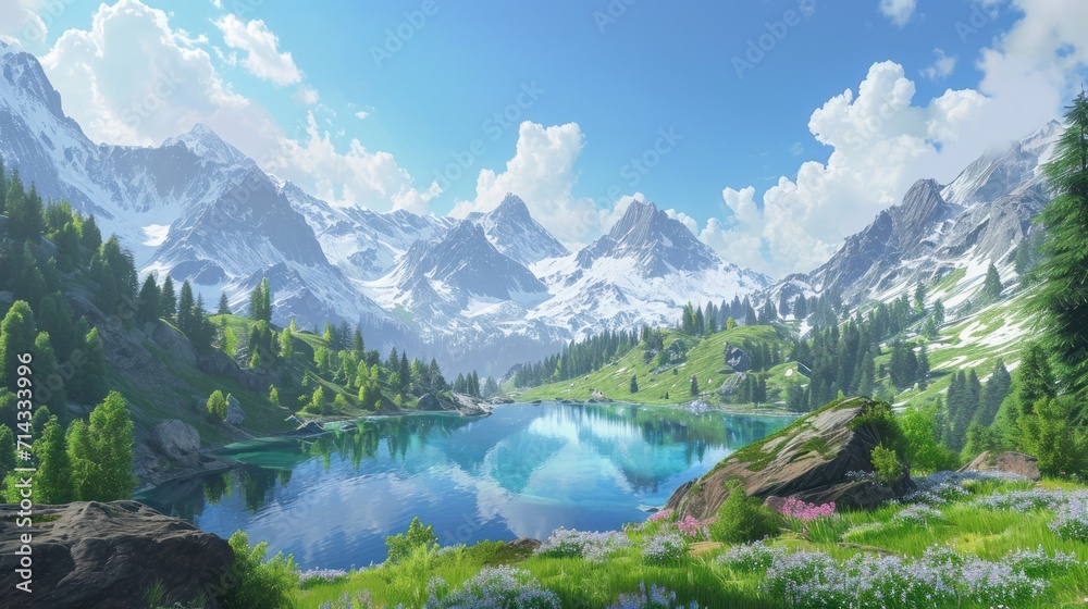  a painting of a mountain landscape with a lake in the foreground and flowers in the foreground, and mountains in the background, and clouds in the foreground.
