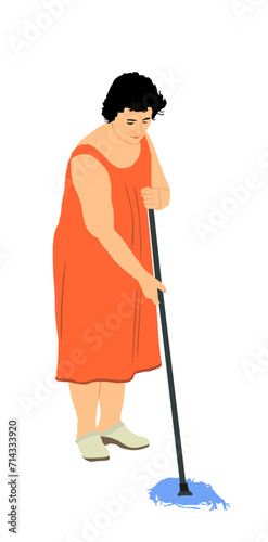 Cleaning lady with broom. Housemaid cleaner with besom vector illustration isolated. Laborer employee woman floor care service washing mop sterile factory or clean hospital. Housework job. House wife.