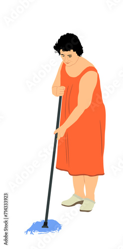 Cleaning lady with broom. Housemaid cleaner with besom vector illustration isolated. Laborer employee woman floor care service washing mop sterile factory or clean hospital. Housework job. House wife.