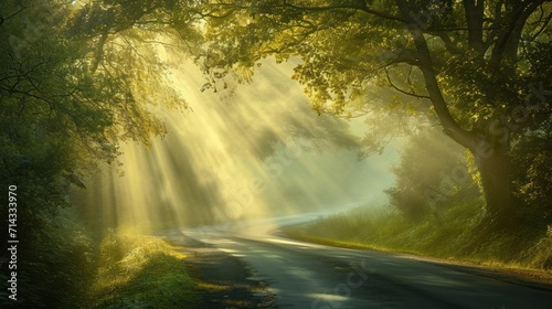  a road in the middle of a forest with sunbeams coming out of the trees on either side of the road and the sun shining through the trees on the other side of the road.