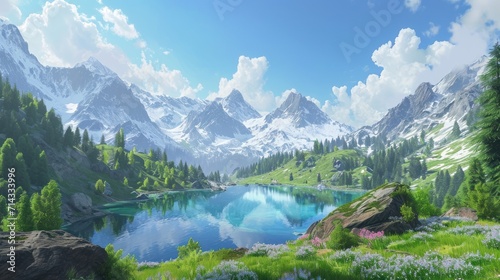  a painting of a mountain landscape with a lake in the foreground and flowers in the foreground, and mountains in the background, and clouds in the foreground. © Anna