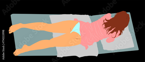 Woman lying on bed wait treatment in beauty salon vector illustration isolated. Anti aging spa therapy. Lady cosmetic massage, losing weight. Girl skin care. Cosmetology and massage. Relax on beach.