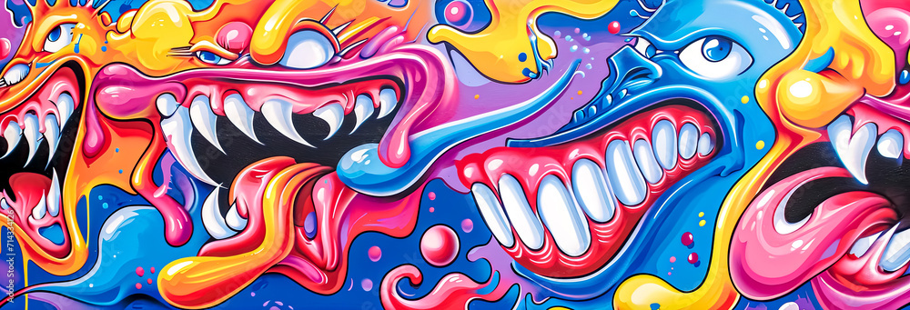 Exuberant 1980s-inspired airbrush art with playful, exaggerated characters