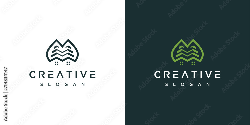 Real estate house logo. House icon made with leaves - obrazy, fototapety, plakaty 