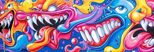 Exuberant 1980s-inspired airbrush art with playful, exaggerated characters