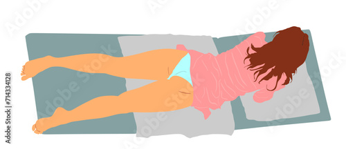 Woman lying on bed wait treatment in beauty salon vector illustration isolated. Anti aging spa therapy. Lady cosmetic massage, losing weight. Girl skin care. Cosmetology and massage. Relax on beach.