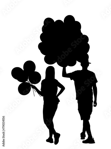 Children birthday animator girl and boy couple with balloons vector silhouette illustration isolated on white background. Man walking with balloons entertainment. Woman celebration event shape shadow.