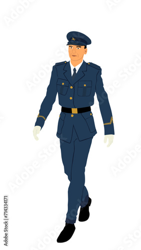 Elegant pilot in uniform walking vector illustration. Air plane cabin crew member. Civil air traffic captain officer on duty. Patriot man. Handsome boy.