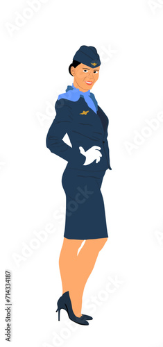 Elegant stewardess in uniform smiling vector illustration isolated. Charming hostess business woman duty. Air plane cabin crew member. Handsome lady successful carrier girl. Confident elegant female.