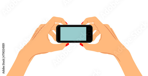 Smart mobile phone in woman hands vector illustration isolated on white background. Cell phone take a photo and send picture by internet on social network. Entertainment gadget.